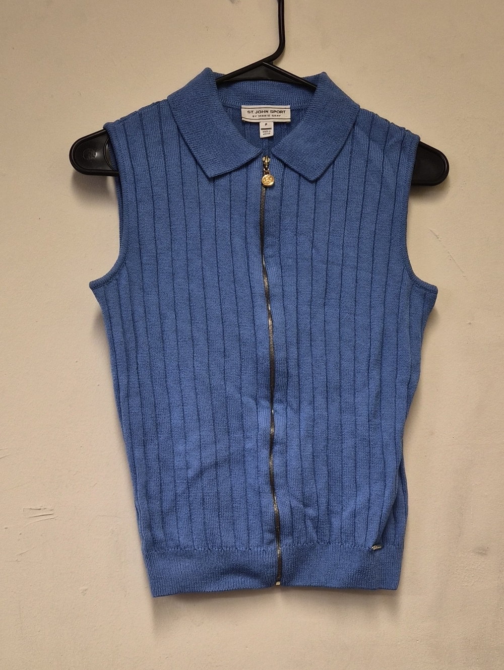 St. John Sport Blue Sleeveless Zip-Front Ribbed V-Neck Sweater Size S
